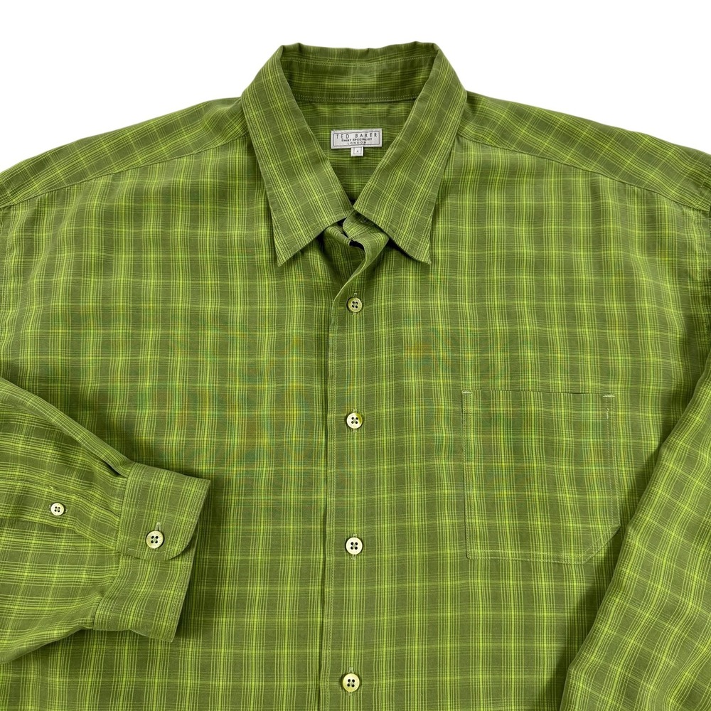Ted Baker London Shirt Mens 4 Large Green Plaid Button Up Y2K Polynosic Blend